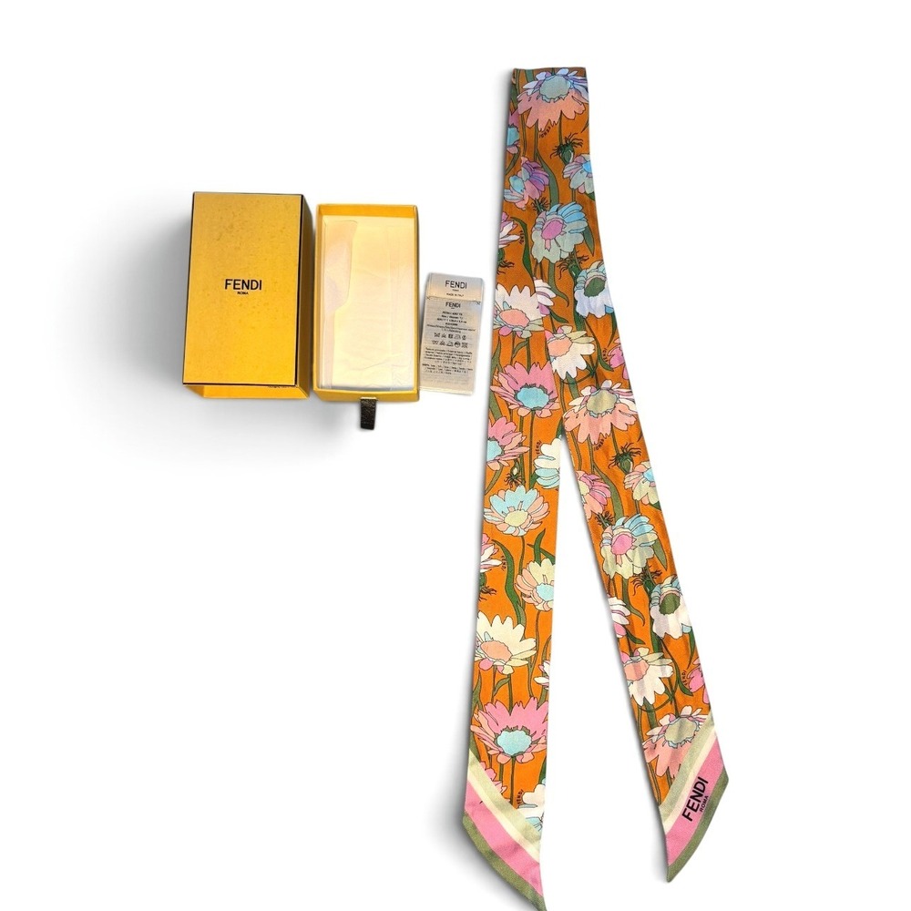 Fendi Wrappy FXT011 Floral Insect Silk Bandeau Scarf Orange w/ Box
